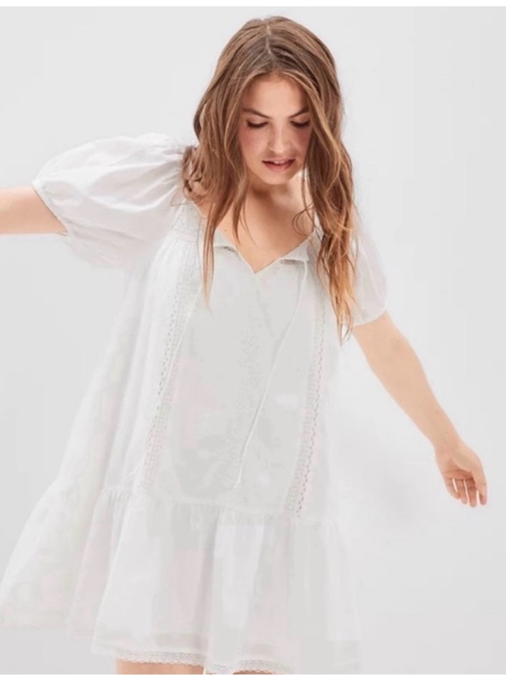 American Eagle Outfitters White Puff Sleeve Scoop-Back Mini Dress